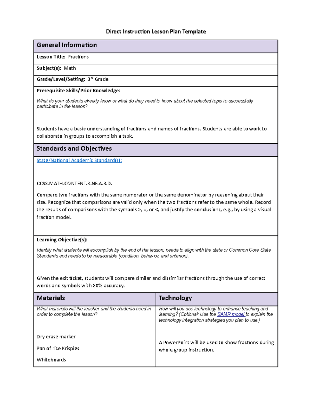 TASK 1 - Notes. - Direct Instruction Lesson Plan Template General ...