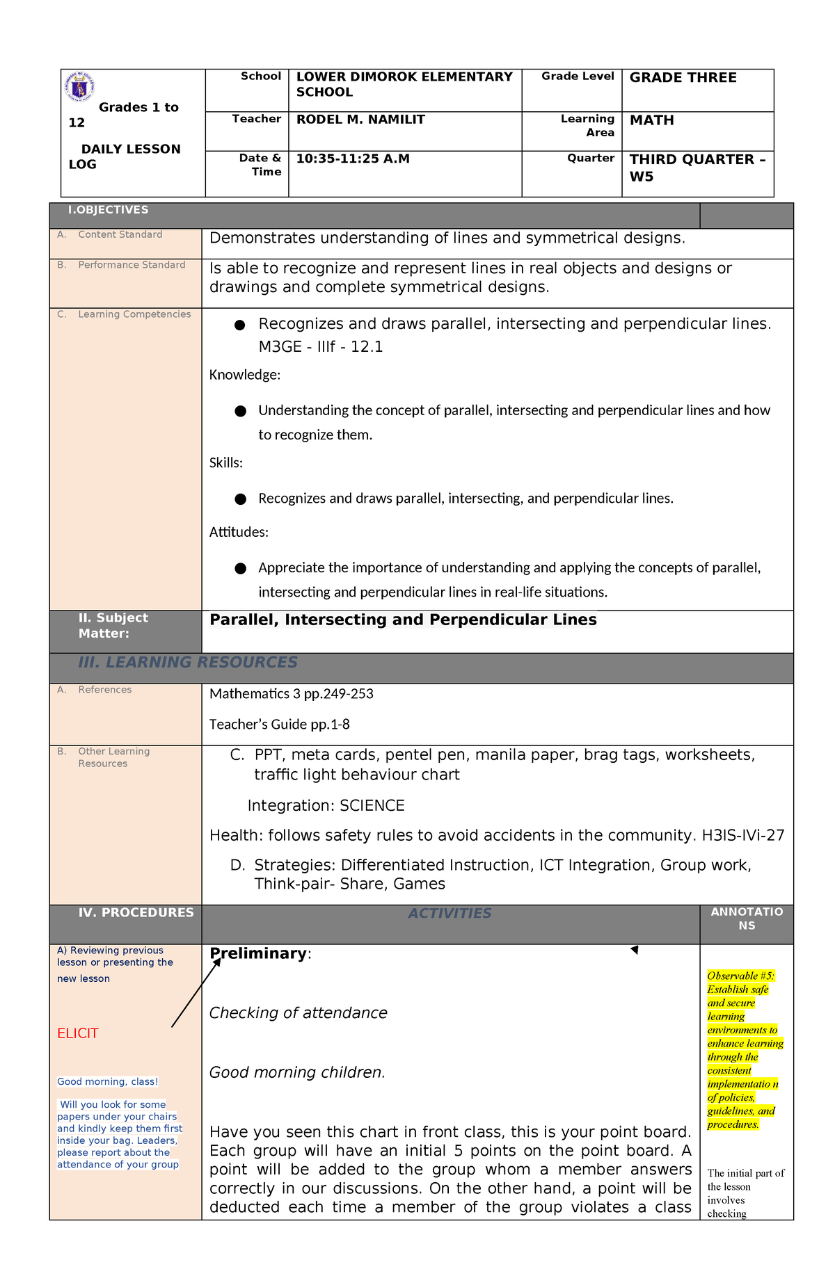 COT3 Math-3 - Use for education purposes. - Grades 1 to 12 DAILY LESSON ...