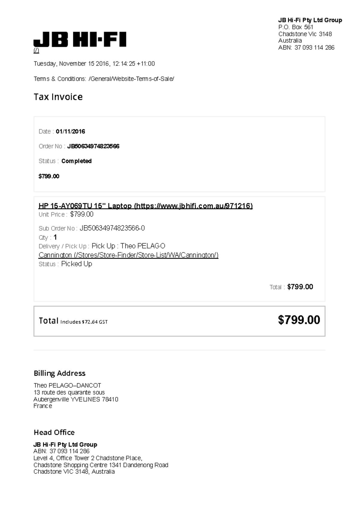 Jbhifi old mate JB HiFi Pty Ltd Group P. Box 561 Chadstone Vic