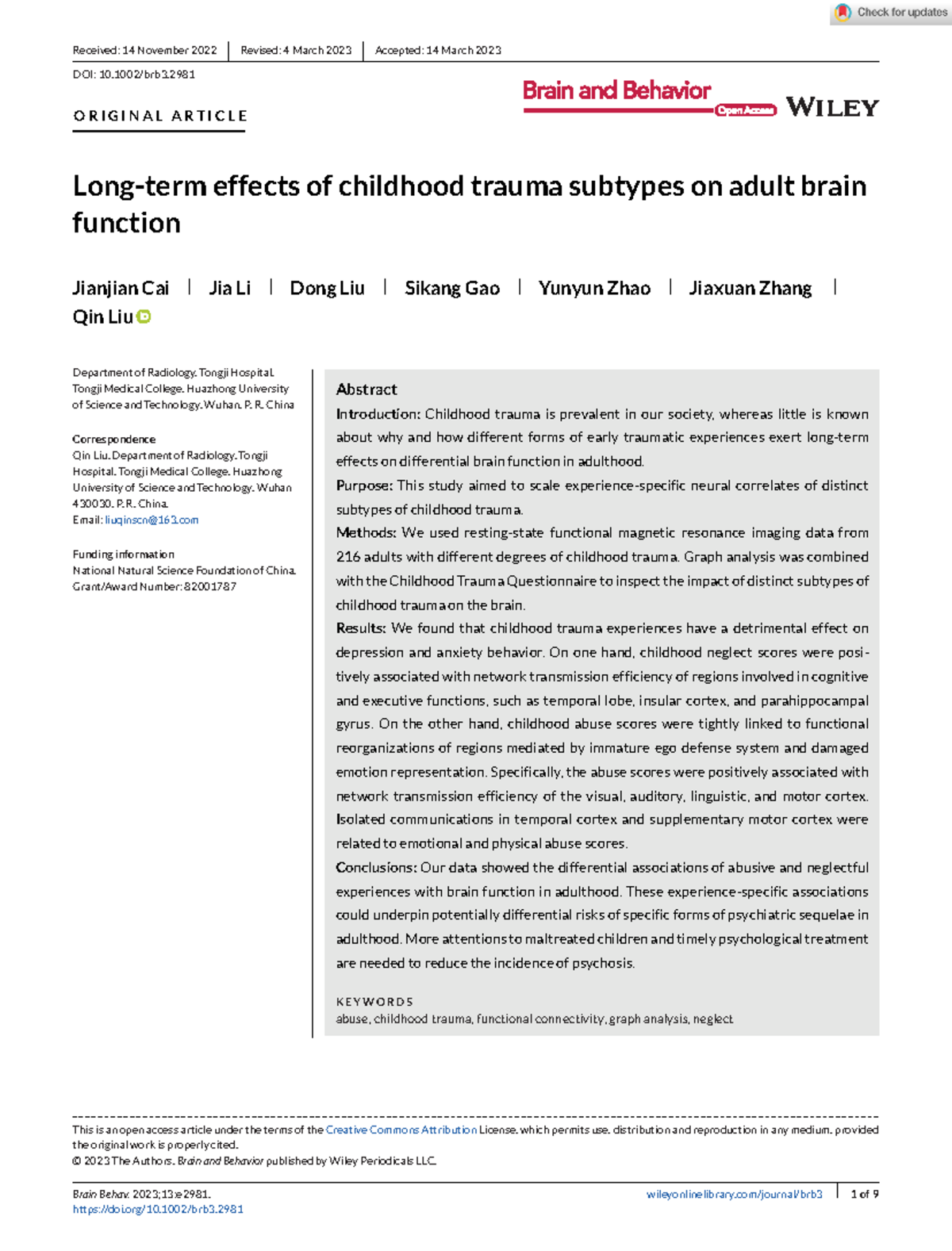 Brain and Behavior - 2023 - Cai - Long‐term effects of childhood trauma ...