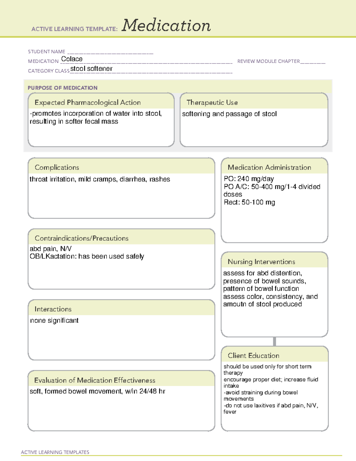 Colace- Active Learning Medication Template - ACTIVE LEARNING TEMPLATES ...