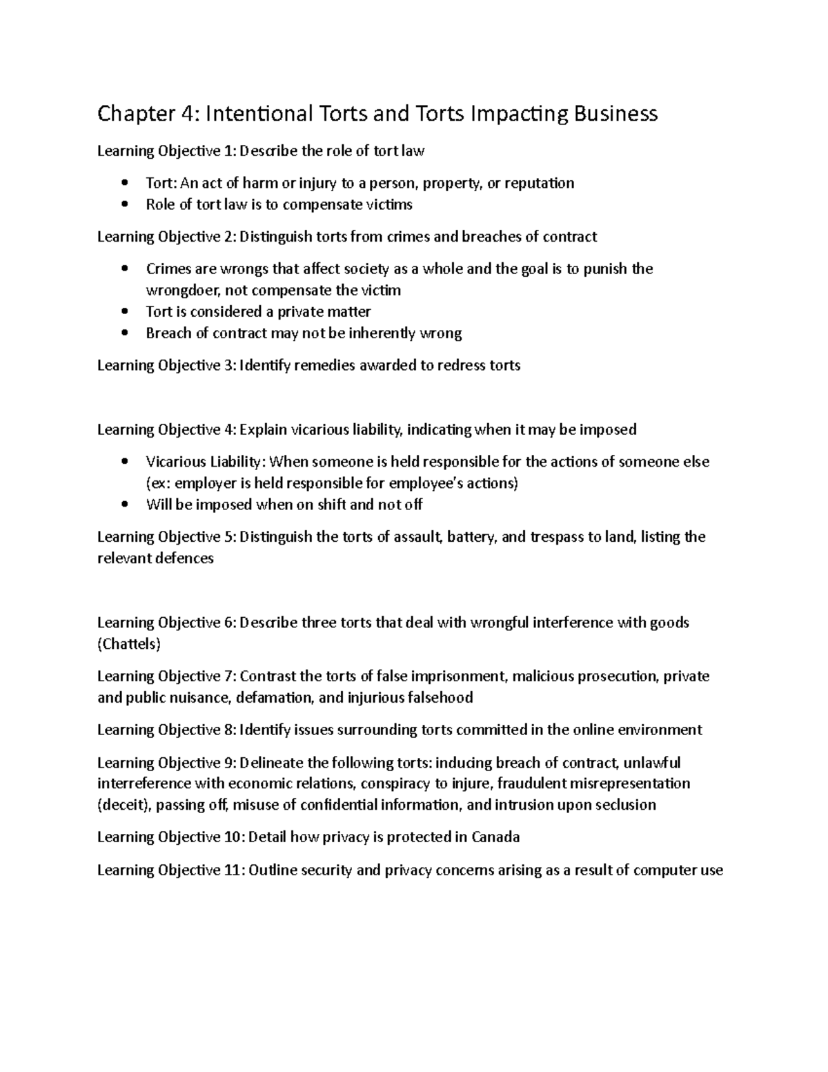 BLAW Chapter 4 Notes - Chapter 4: Intentional Torts And Torts Impacting ...