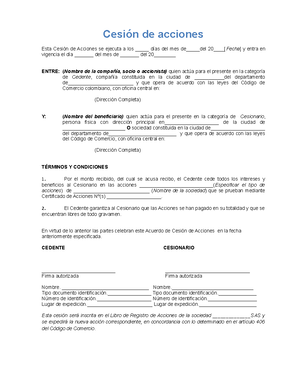 384196132 Modelo cesion de acciones doc - Cesión de acciones Esta Cesión de  Acciones se ejecuta a - Studocu