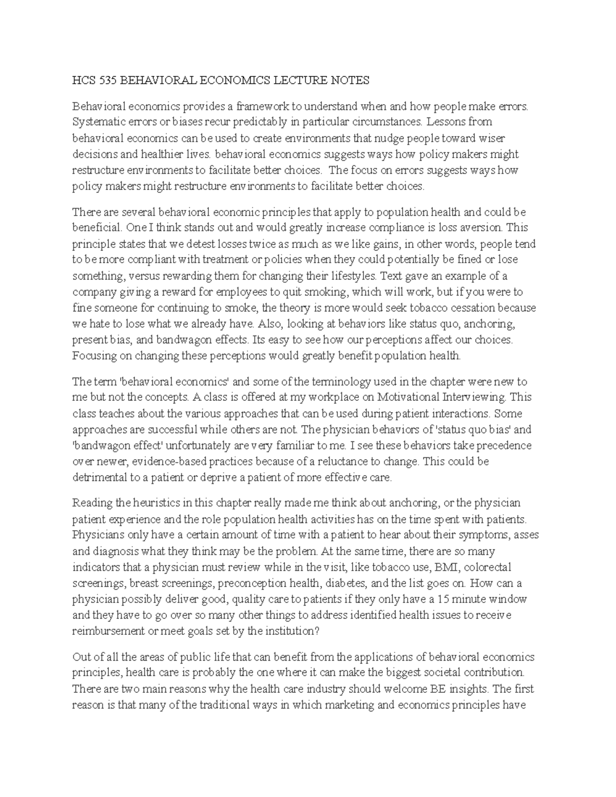 HCS 535 Behavioral Economics Lecture Notes - HCS 535 BEHAVIORAL ...