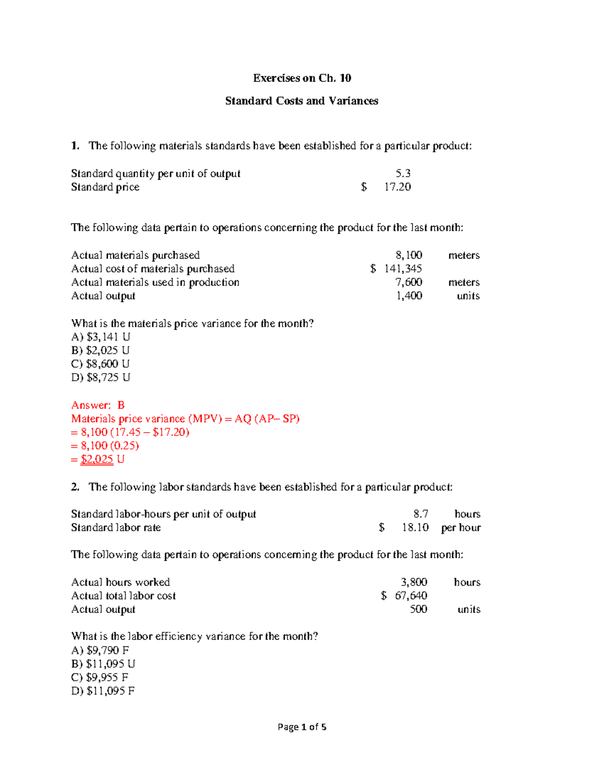 Solutions to Exercises on Ch. 10 Standard Costs and Variances A ...