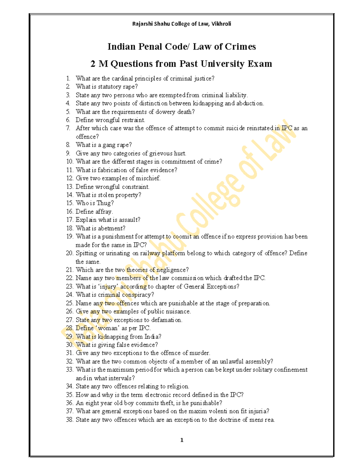 IPC 2 Marks Questions Rajarshi Shahu College of Law, Vikhroli 1