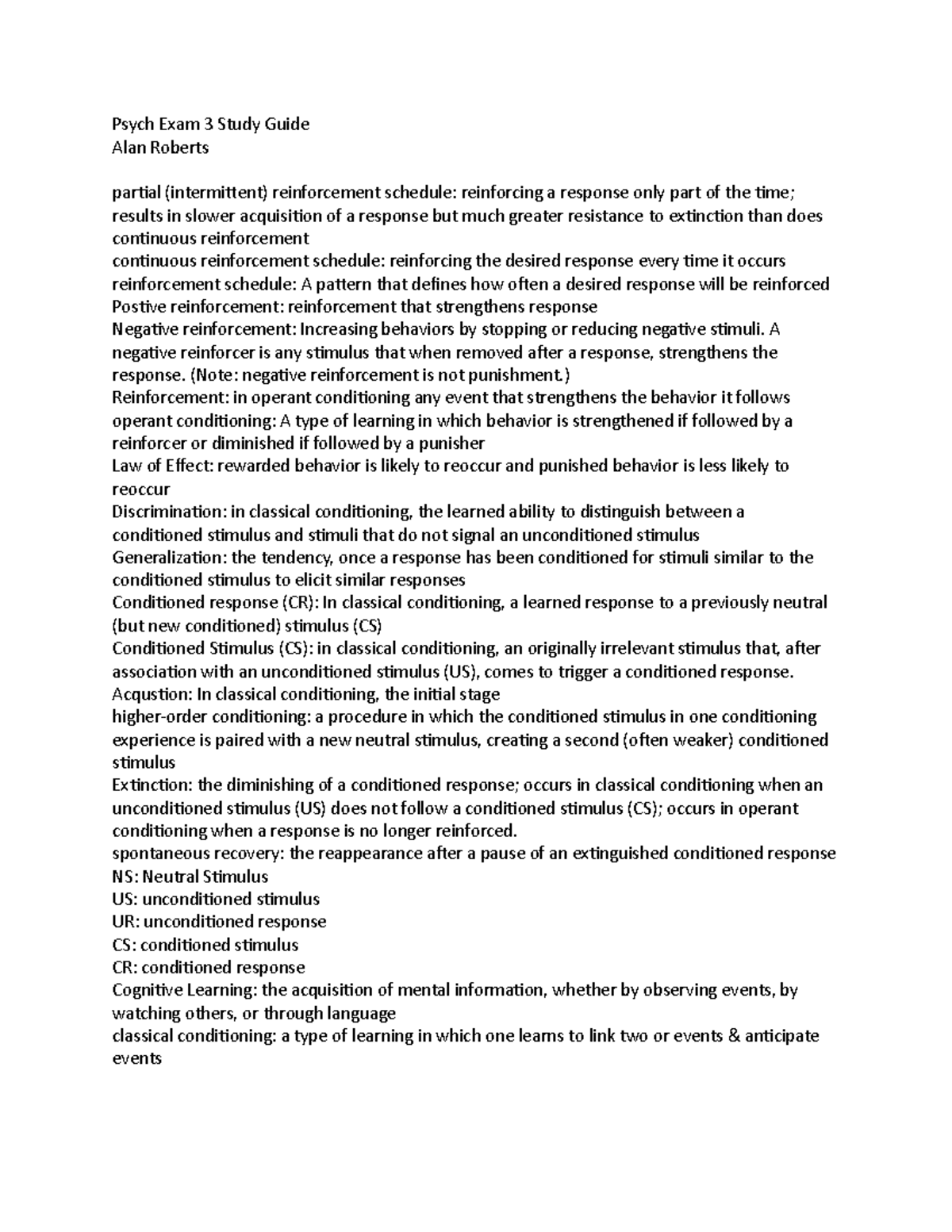 Psych Exam 3 Study Guide - Psych Exam 3 Study Guide Alan Roberts ...