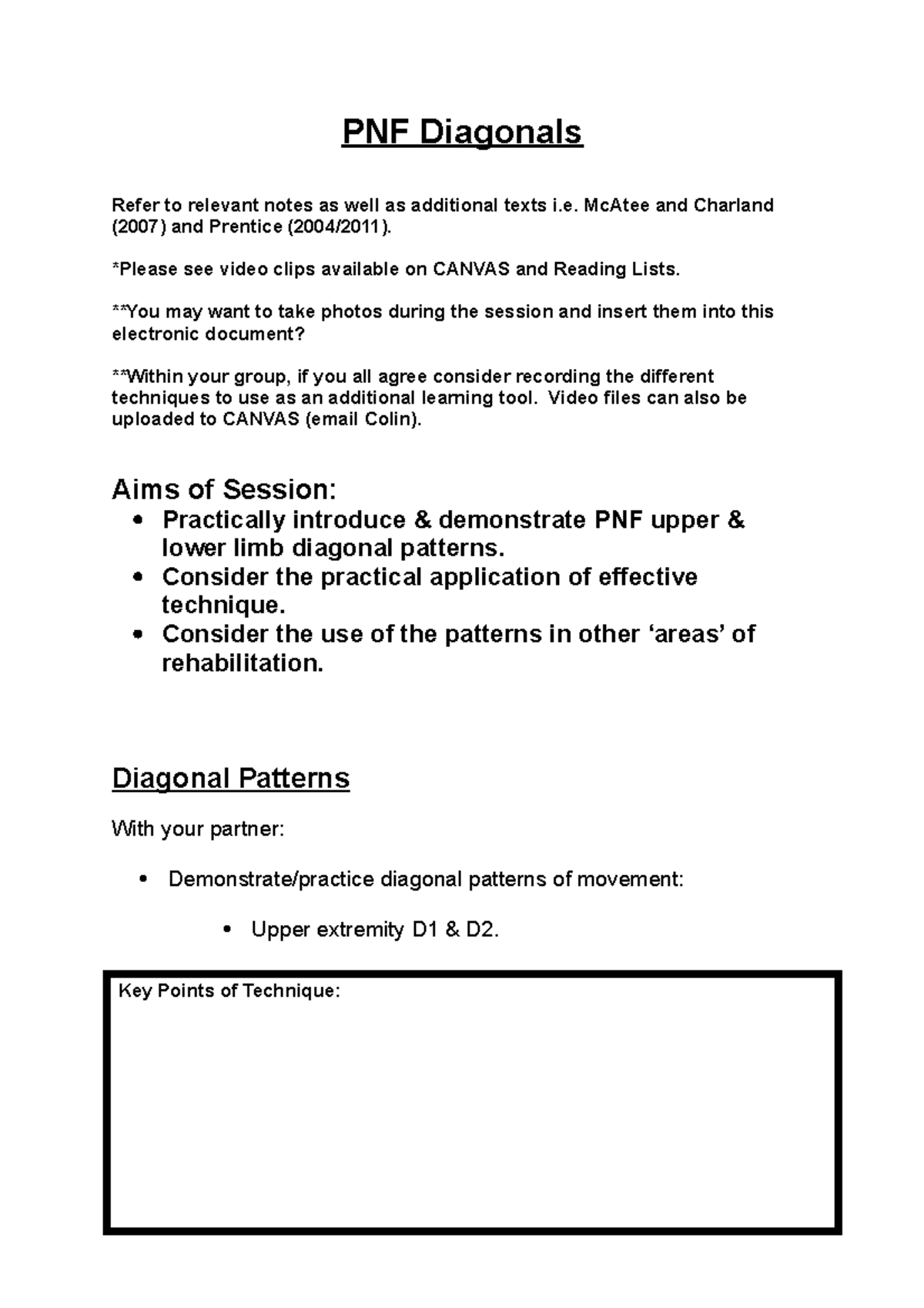 PNF Diagonals - PNF Diagonals Refer to relevant notes as well as ...