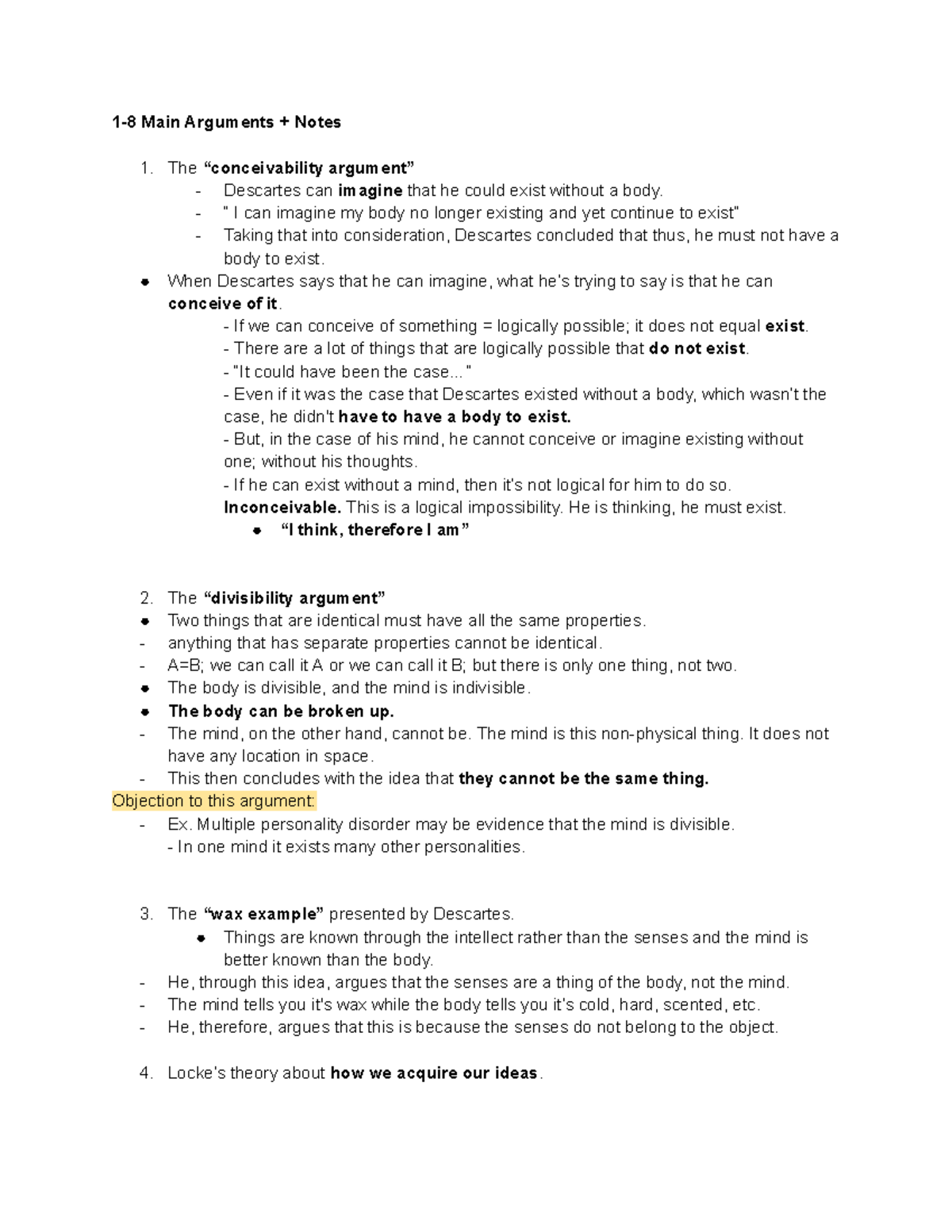 Phil 1314 Final Review - 1-8 Main Arguments + Notes The “conceivability ...