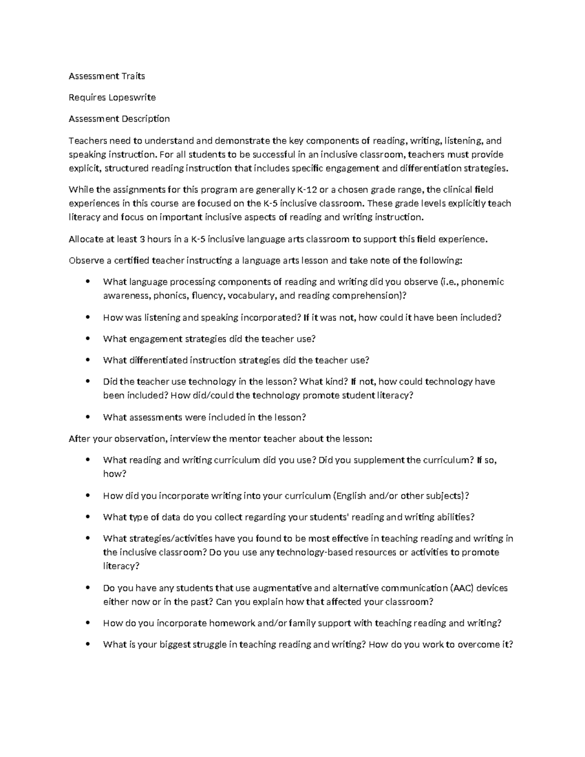 Assessment Trait 1 - Assessment Traits Requires Lopeswrite Assessment ...