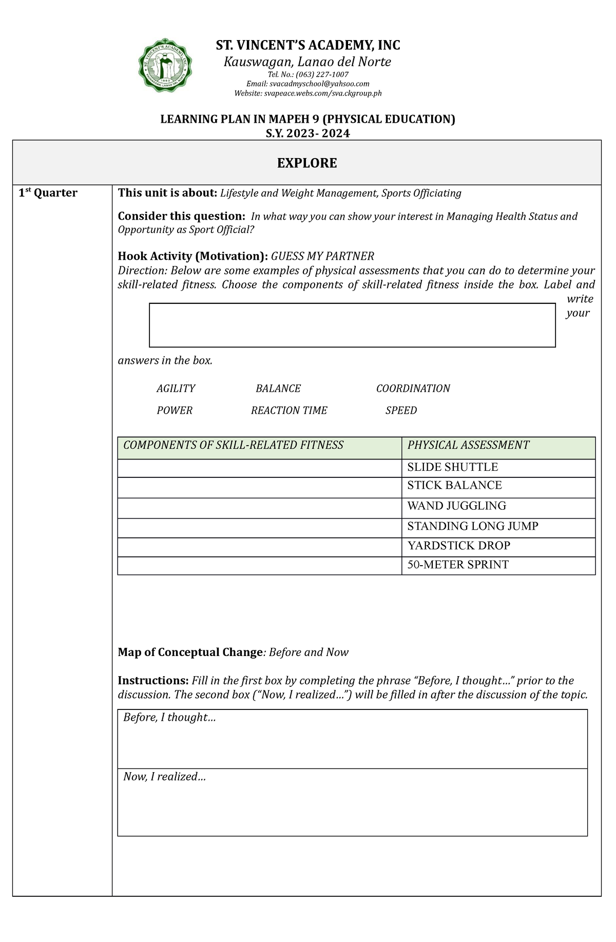 Learning PLAN PE 9 1st Quarter - ST. VINCENT’S ACADEMY, INC Kauswagan ...