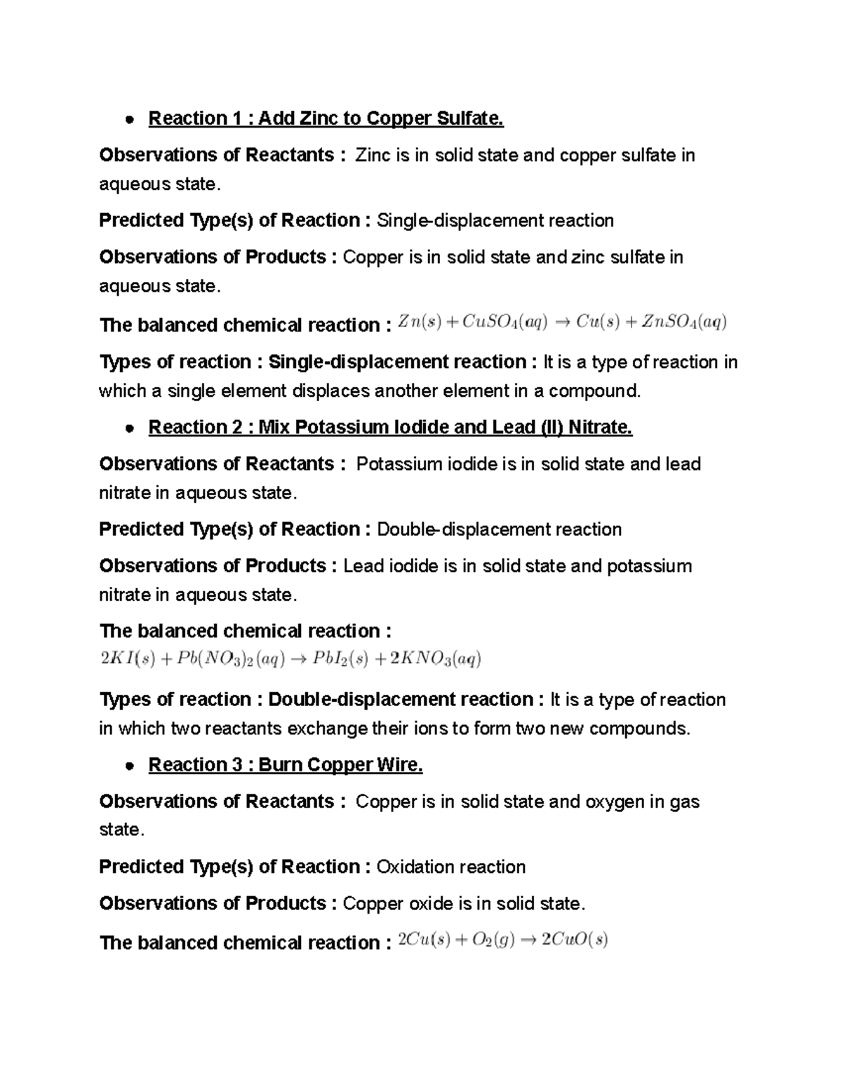 Lab Types of Reactions did this on edgenuity Reaction 1 Add Zinc to Copper Sulfate. Studocu