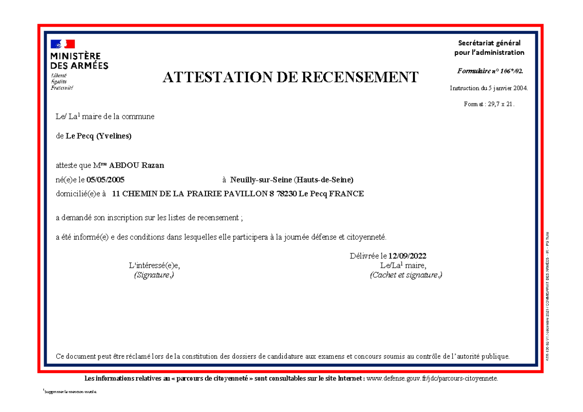 Attestation de recensement SP2-RCO-A-2-UB85 Jnixo-01 - Les informations