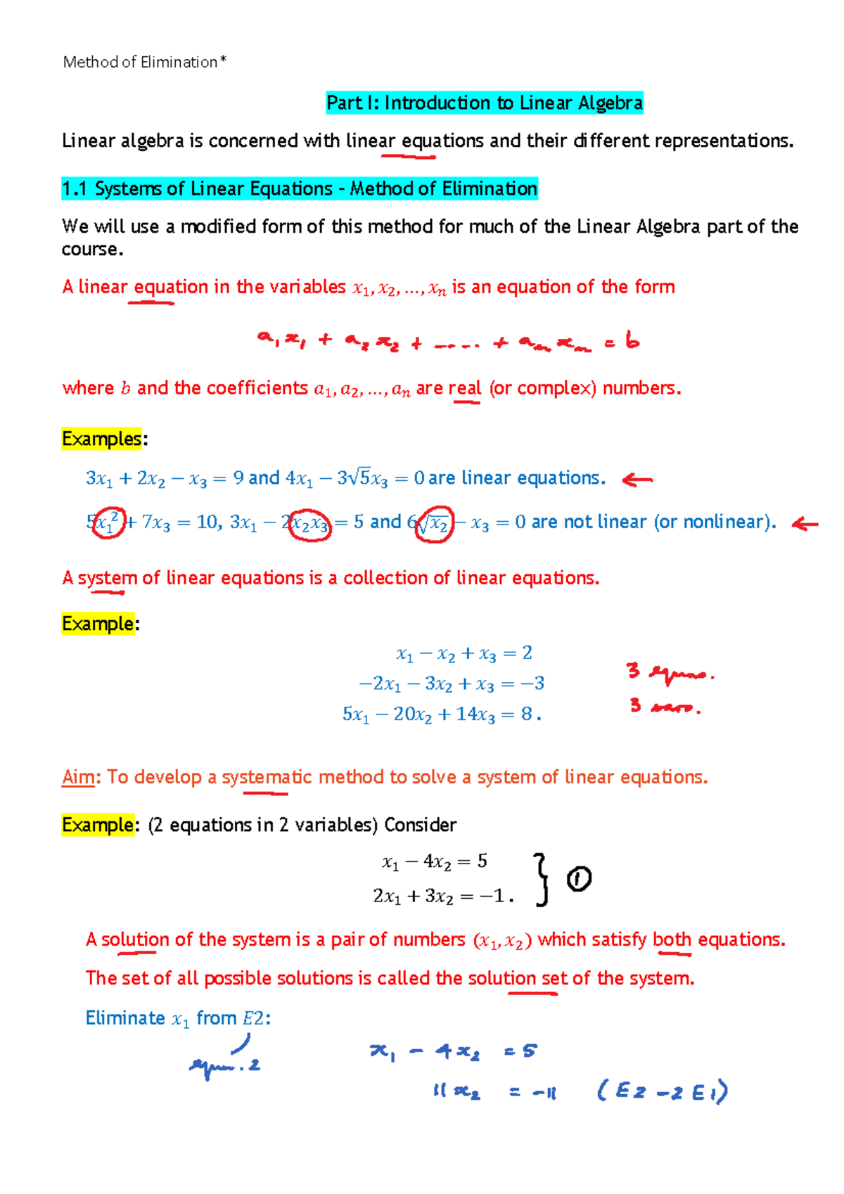 Week 1 Notes - A linear equation in the variables , , ... , is an ...