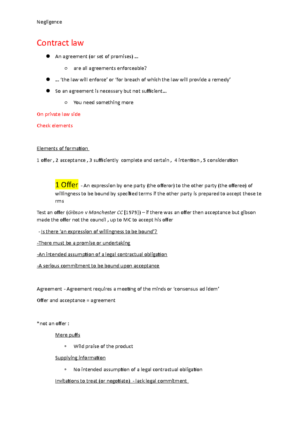 Contract law notes - detailed on topic. - Contract law An agreement (or ...