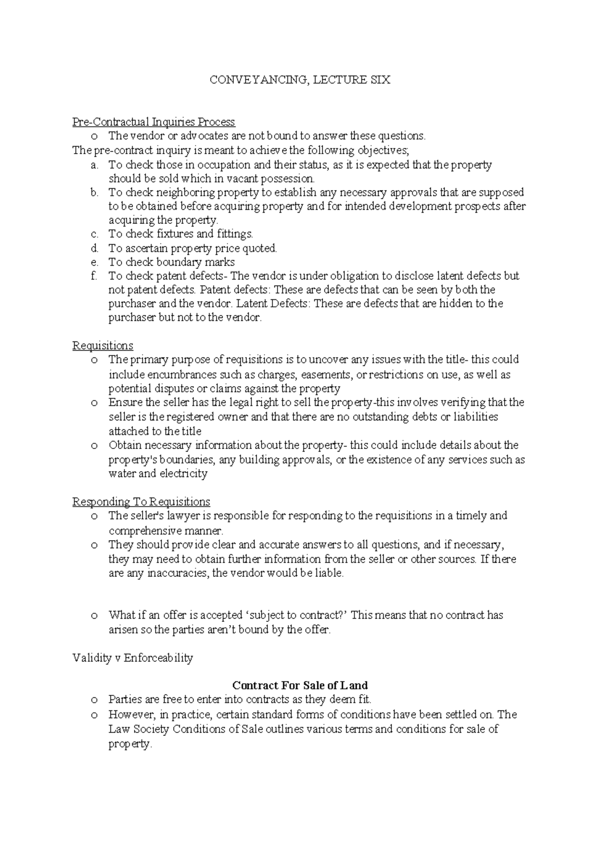 Conveyancing, Lecture SIX - CONVEYANCING, LECTURE SIX Pre-Contractual ...