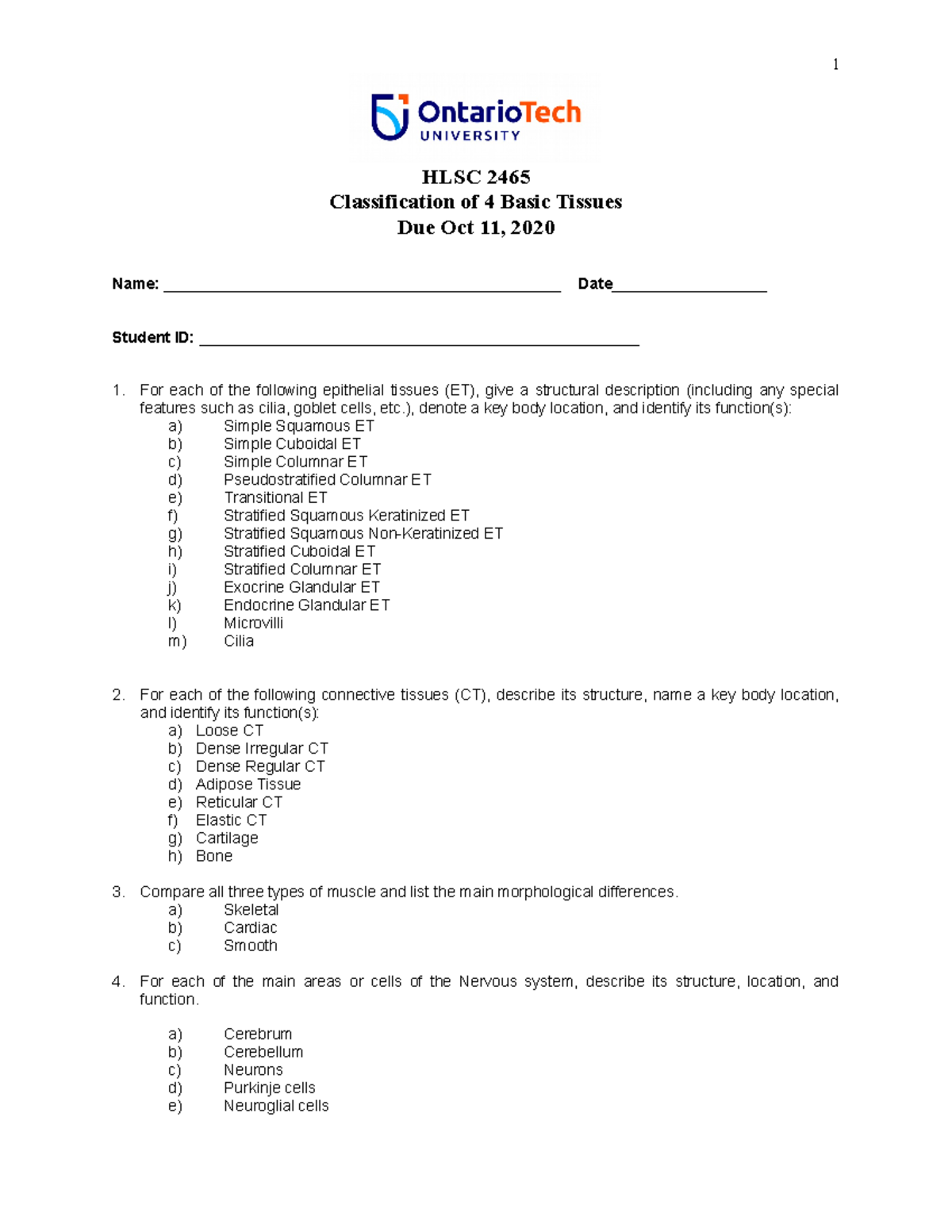 HLSC+4+Basic+Tissues+assignment++2020 - HLSC 2465 Classification of 4 ...