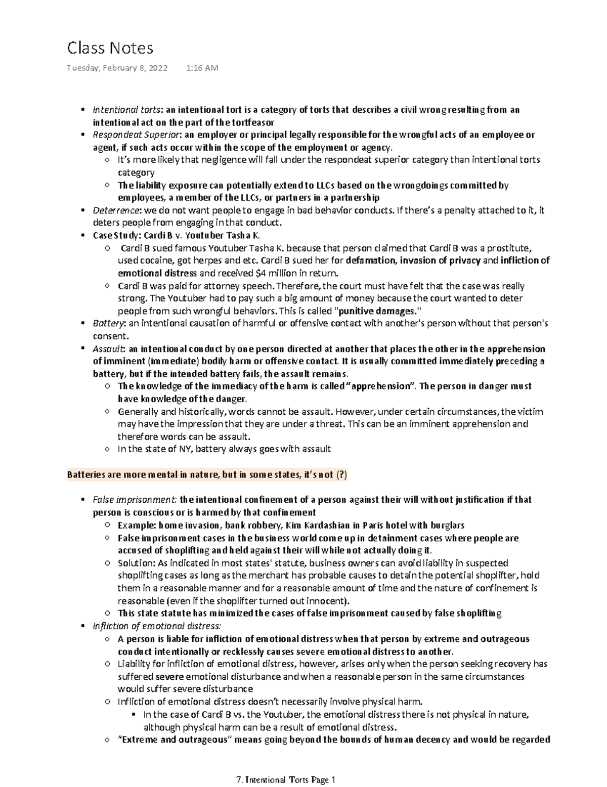 Chapter 7 Intentional Torts Lecture Note - Intentional torts: an ...