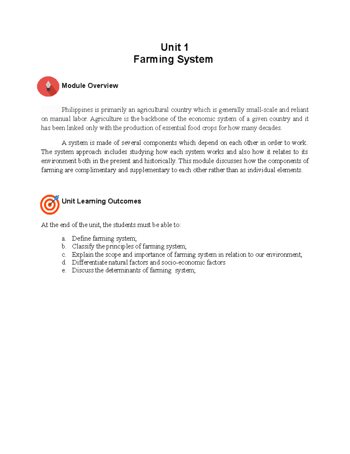Unit 1 Topic 1 - DOCXS. - Unit 1 Farming System Module Overview ...
