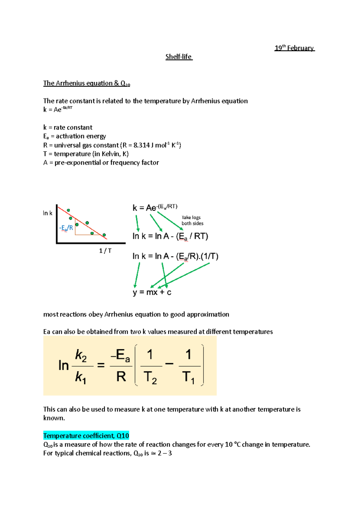 Shelflife 19th February 19 th February Shelflife The Arrhenius equation & Q 10 The rate