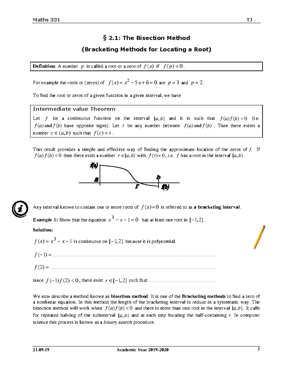 2.1 Bisection Method - § 2: The Bisection Method (Bracketing Methods ...