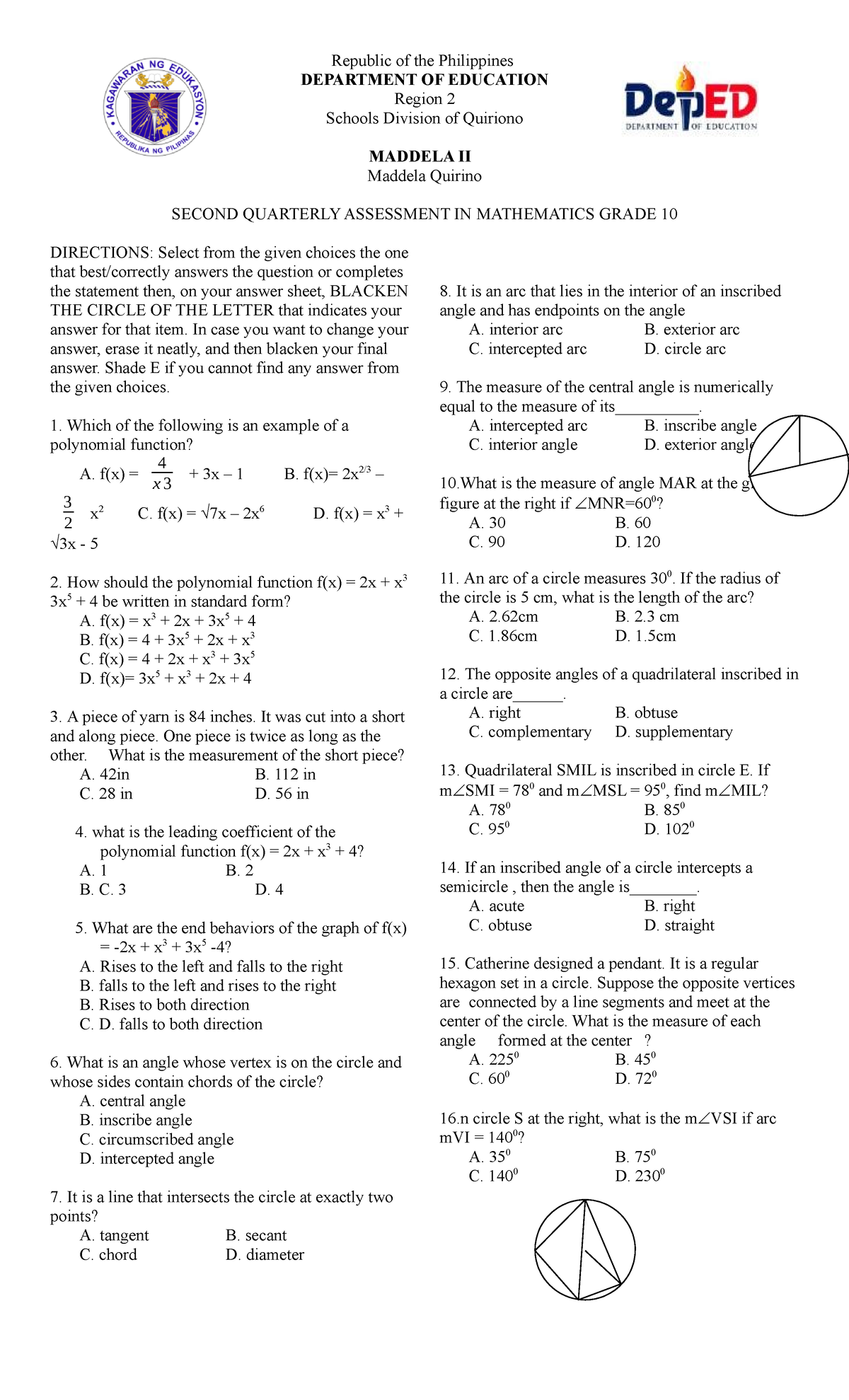 2nd quarter math 10 - HOPE IT COULD HELP - Republic of the Philippines ...