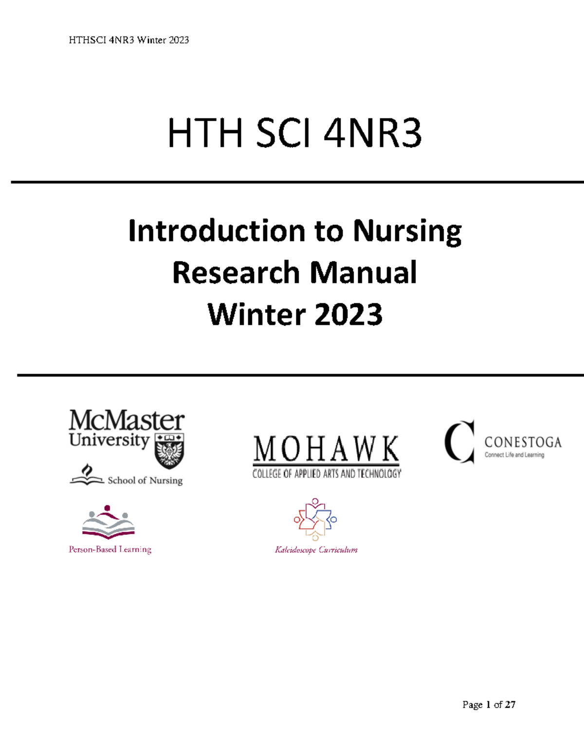 Hthsci 4NR3 Course Manual Winter 2023 - HTH SCI 4NR Introduction to ...