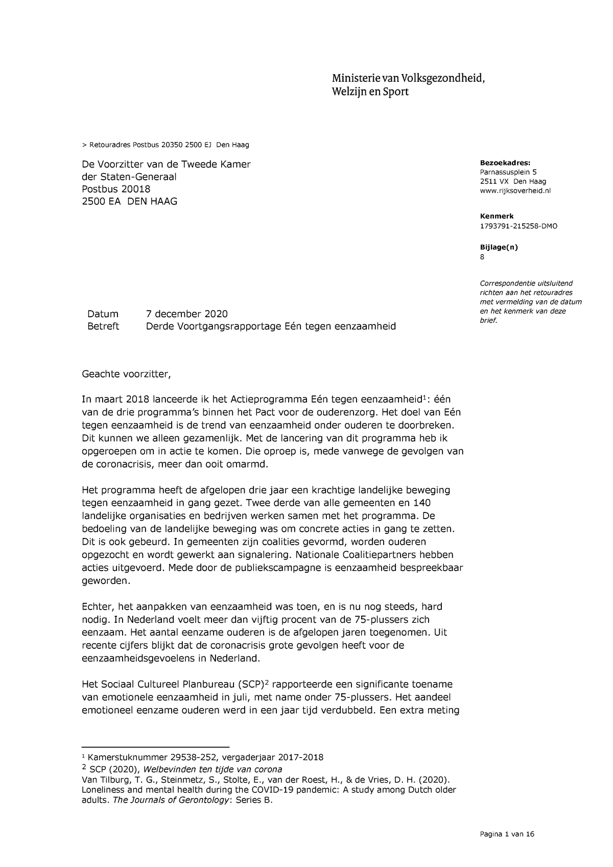 Kamerbrief Over Derde Voortgangsrapportage Een Tegen Eenzaamheid ...