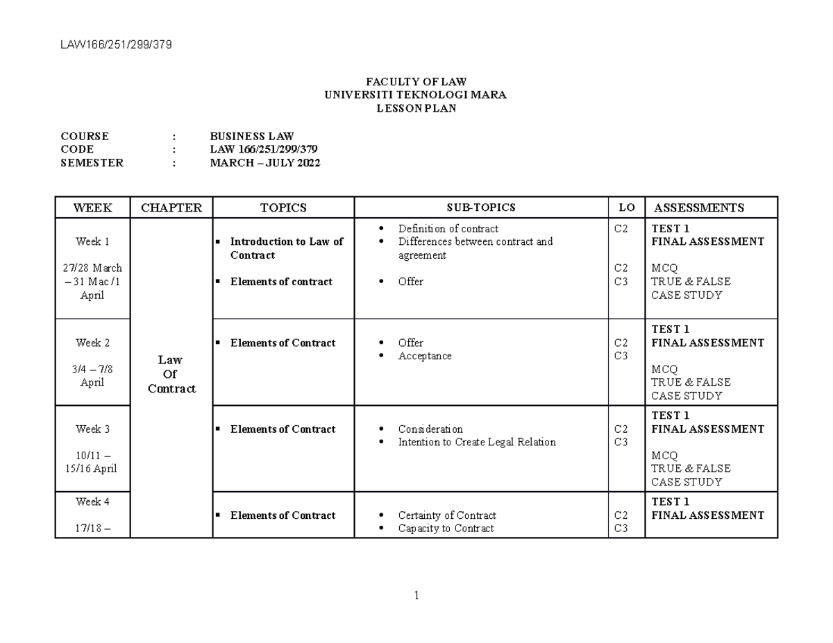 Lesson PLAN ODL LAW299 MAC - JULY 2022 - FACULTY OF LAW UNIVERSITI ...