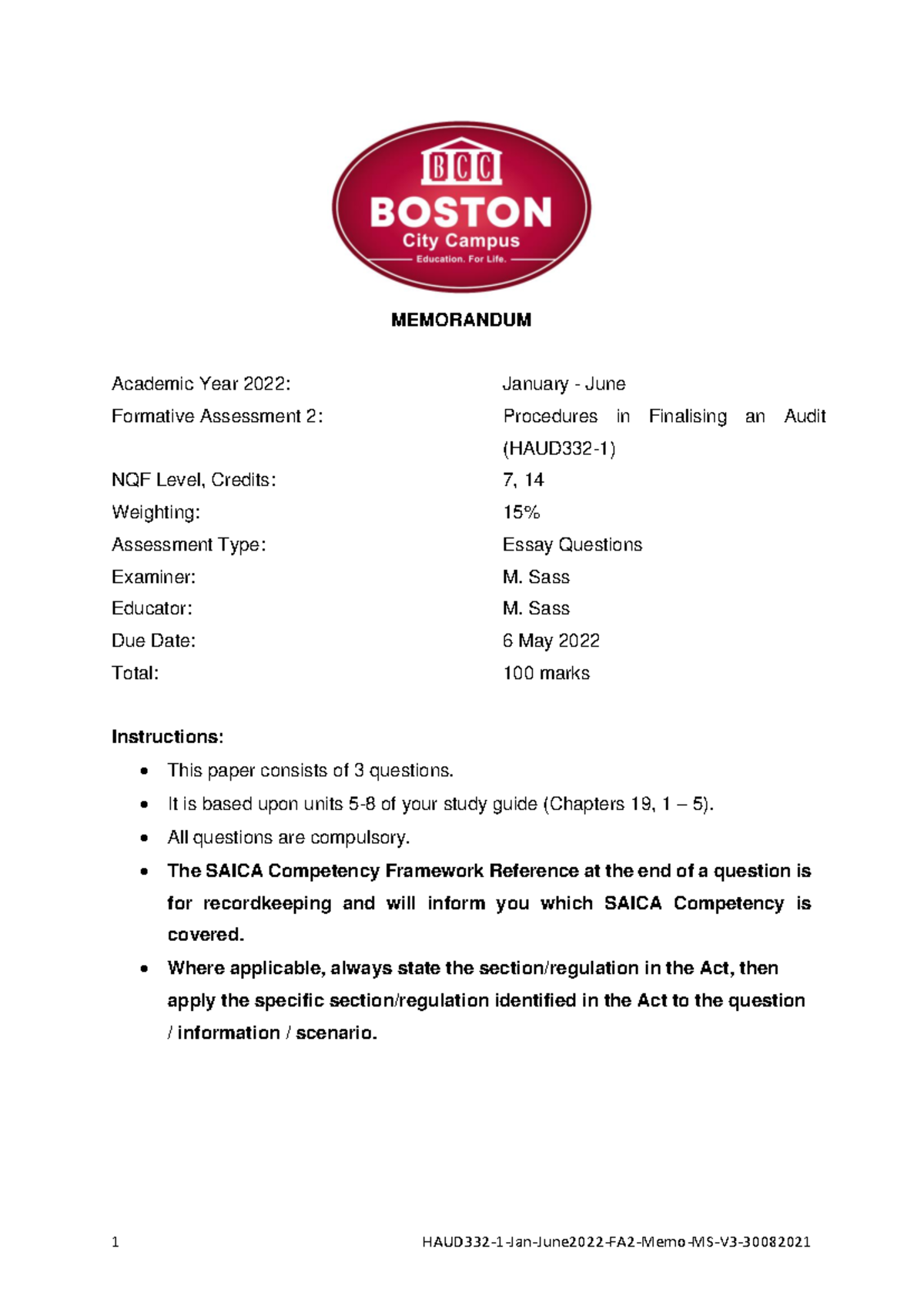 HAUD332-1 - FA2 Memo (Jan-June 2022) - MEMORANDUM Academic Year 2022 ...
