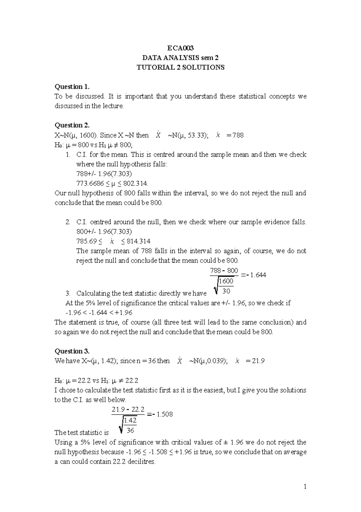 Solutions 2 - questions - ECA DATA ANALYSIS sem 2 TUTORIAL 2 SOLUTIONS ...