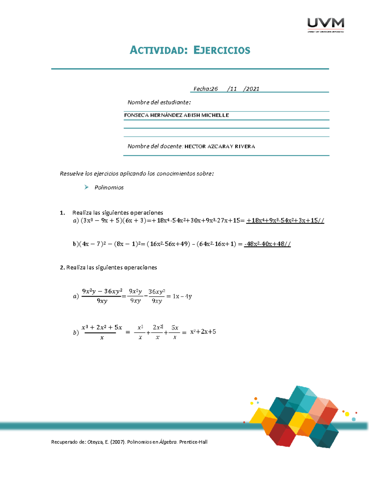 Actividad Siete Algebra Ejercicios Polinomios - ACTIVIDAD: EJERCICIOS ...