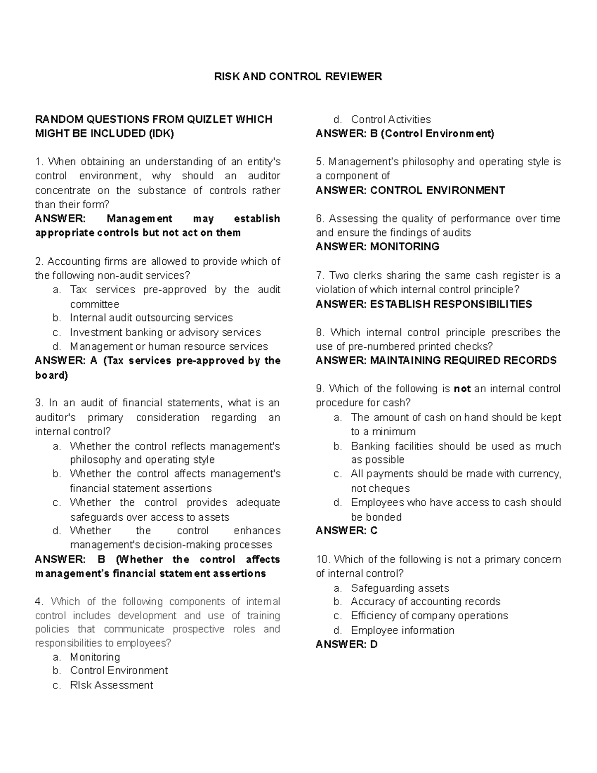RISK AND Control - RISK AND CONTROL REVIEWER RANDOM QUESTIONS FROM ...