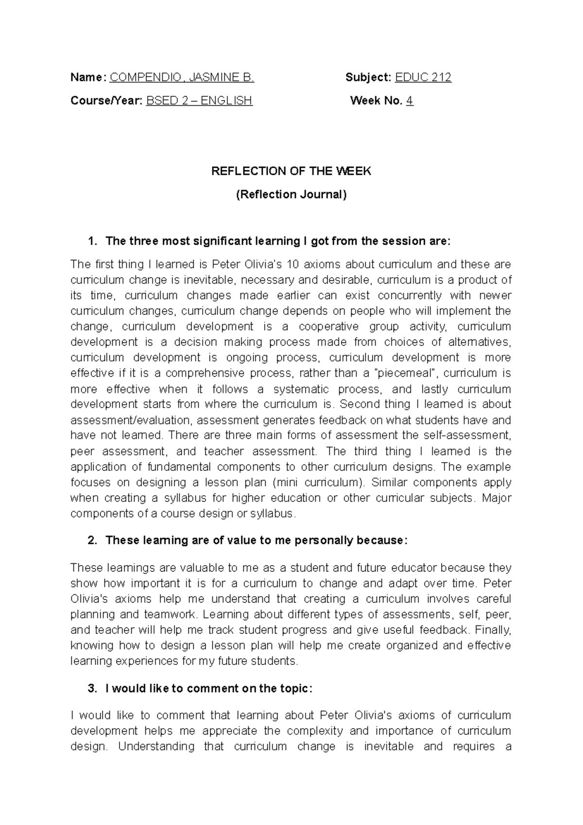 Compendio - 212 Midterm Reflection Journal - Name: COMPENDIO, JASMINE B ...