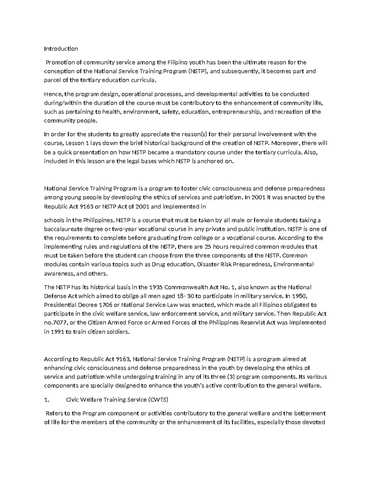 Introduction - notes - Introduction Promotion of community service ...