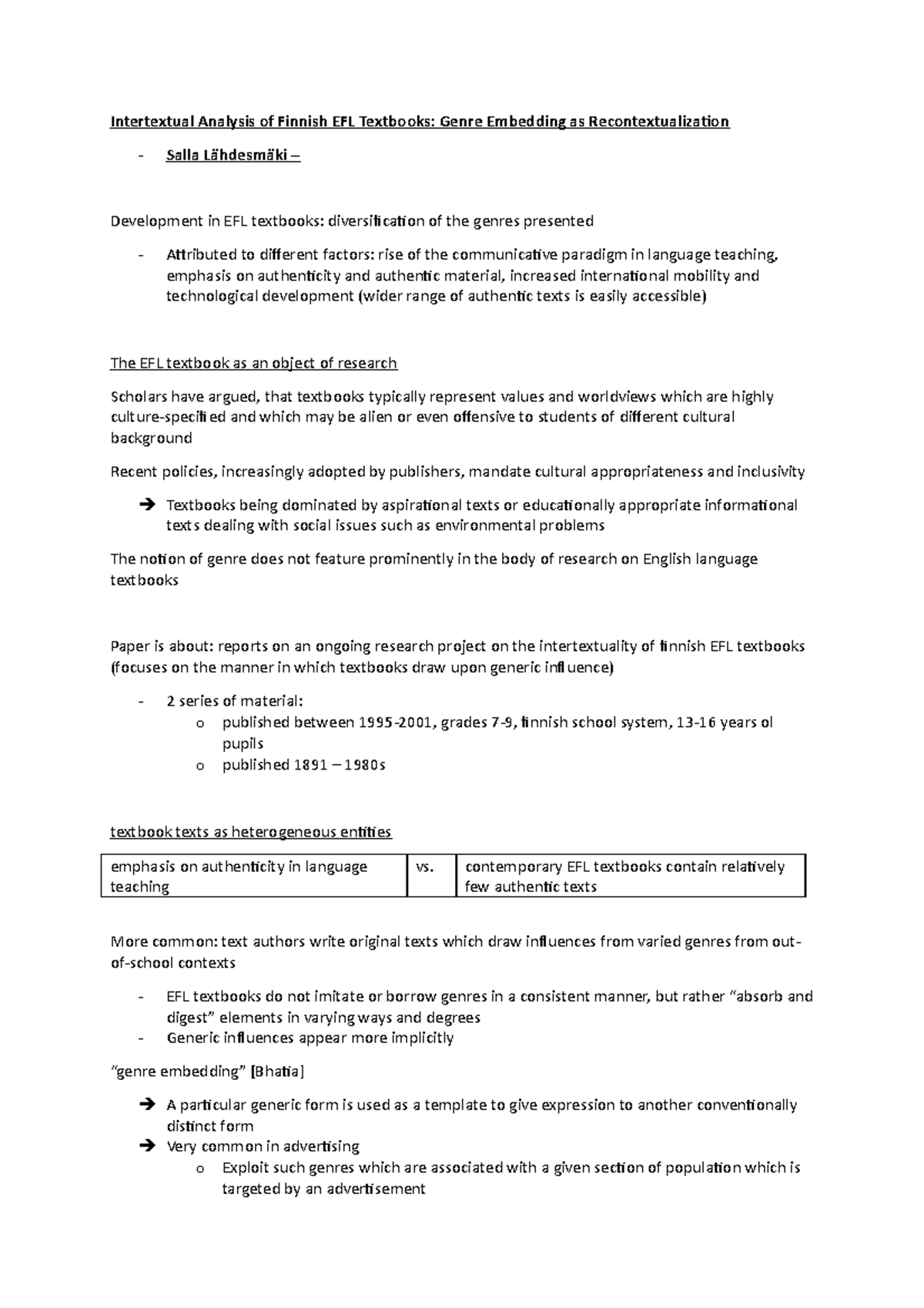 Intertextual Analysis of Finnish EFL Textbooks: Genre Embedding as ...