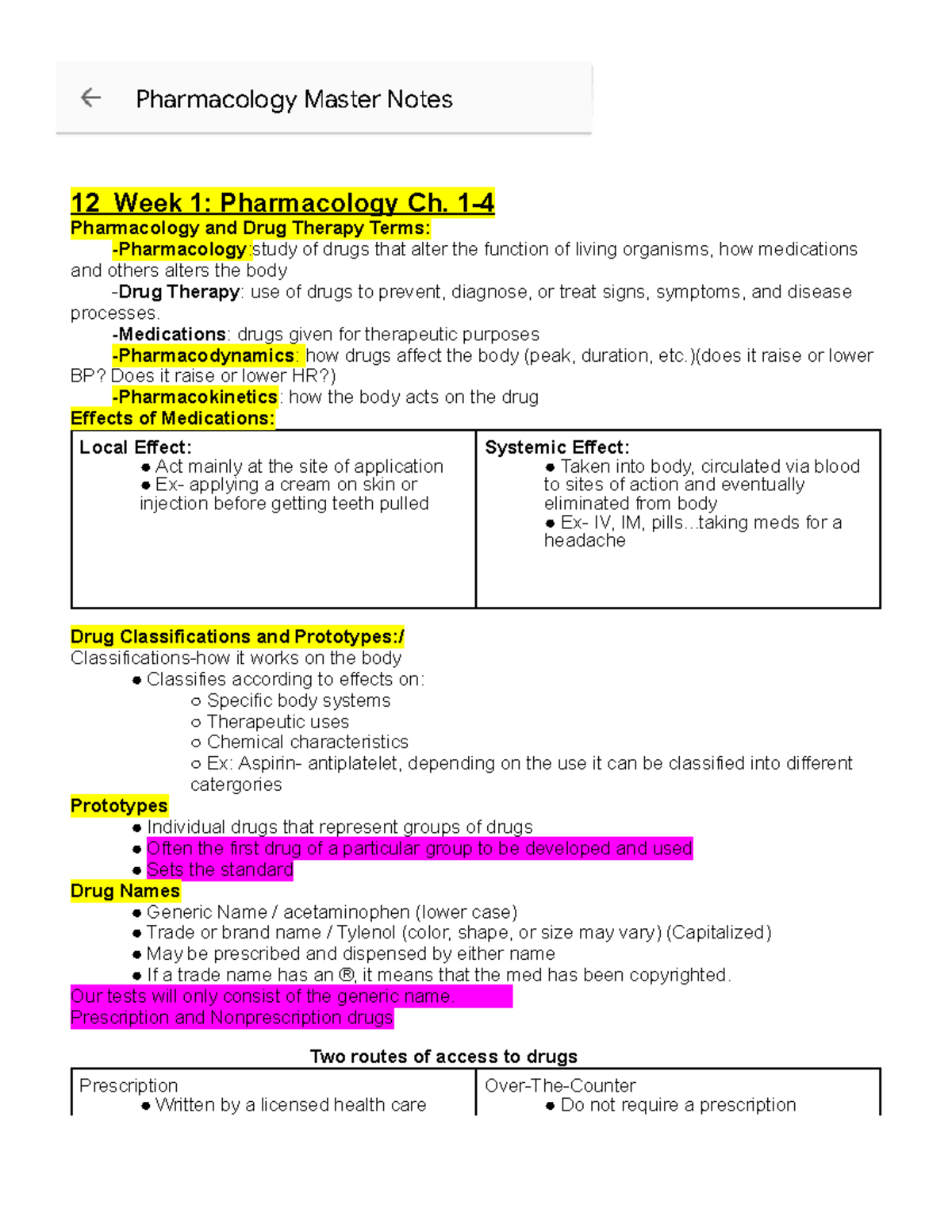 Pharmacology Master Notes - 12 Week 1: Pharmacology Ch. 1- Pharmacology ...