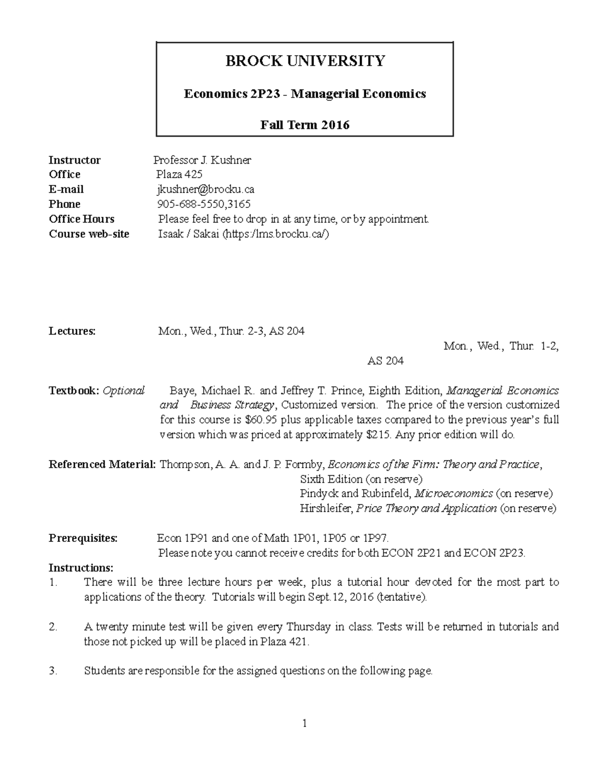 ECON 2P23 D2 Syllabus Summary BROCK UNIVERSITY Economics 2P23