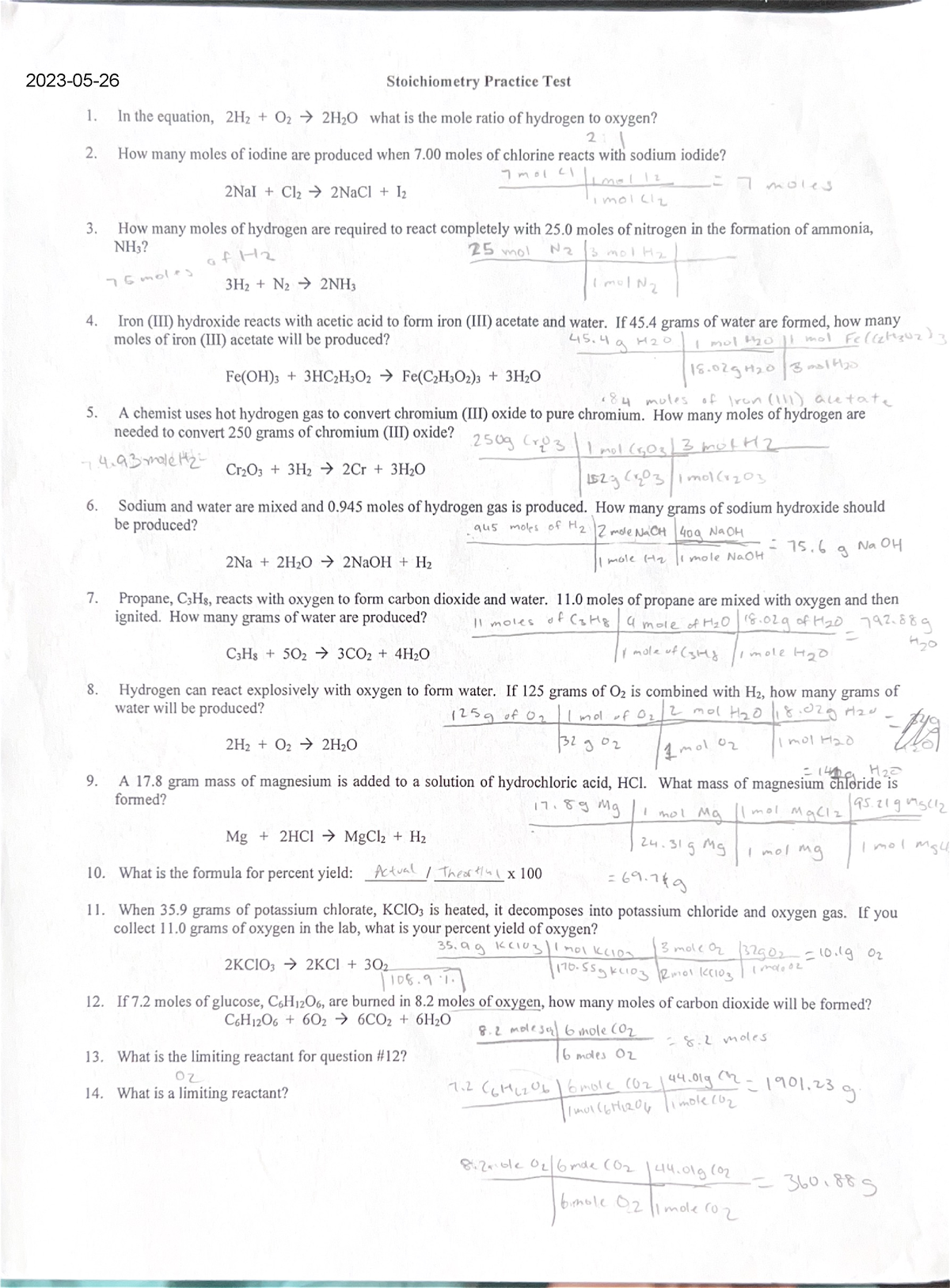 Stoichiometry practice test - 2023-05- - Studocu