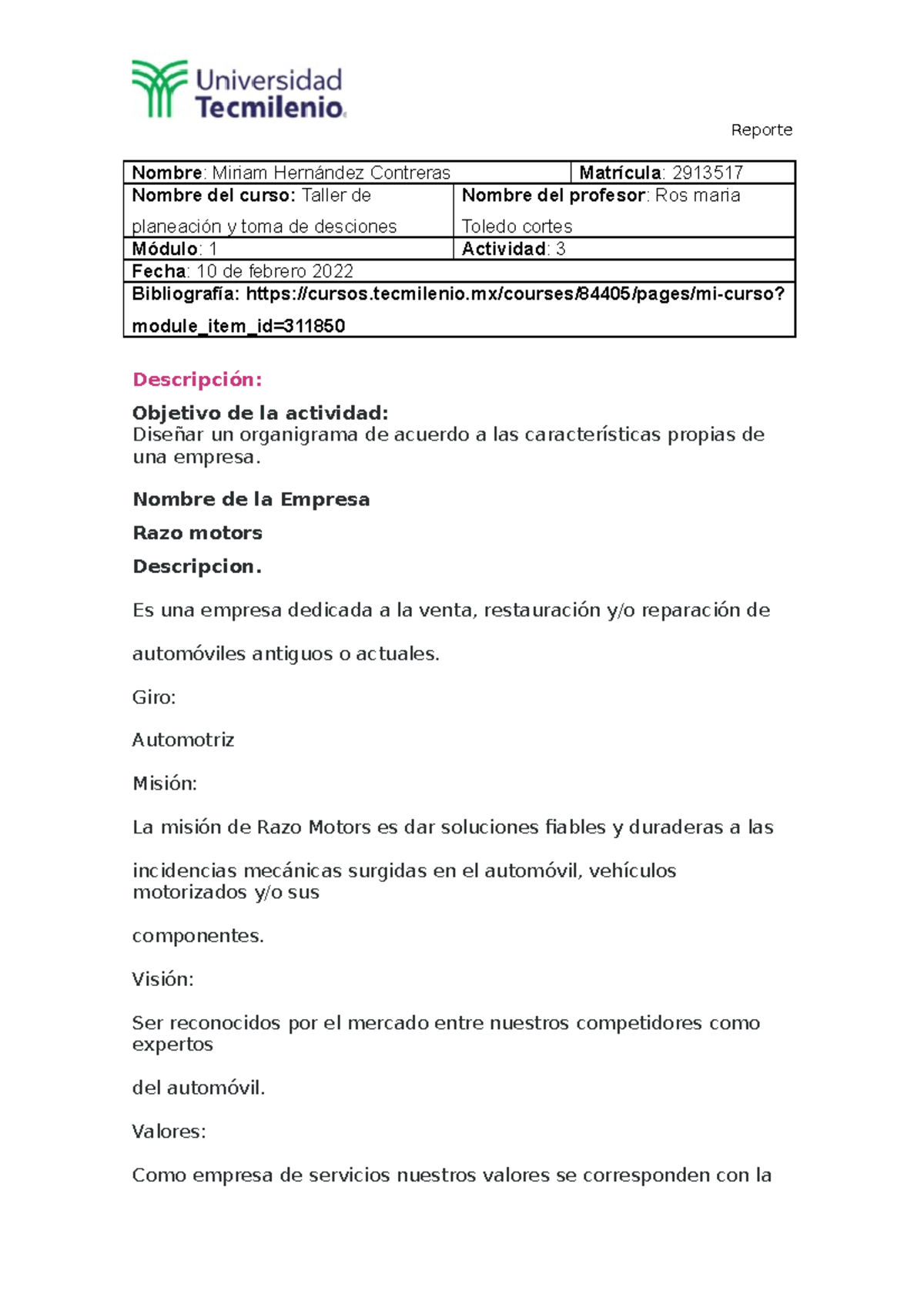 Actividad 3 taller de planeacion y toma de decisiones - Reporte Nombre ...