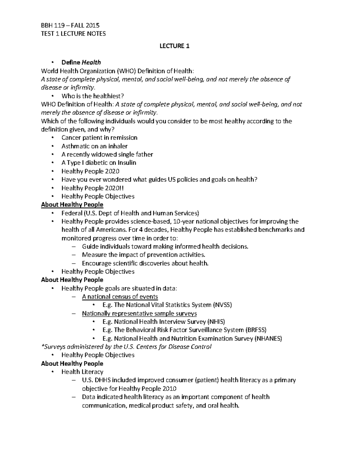 Bbh 119 - Fall 2015 Test 1 Lecture Notes - BBH 119 FALL 2015 TEST 1 ...