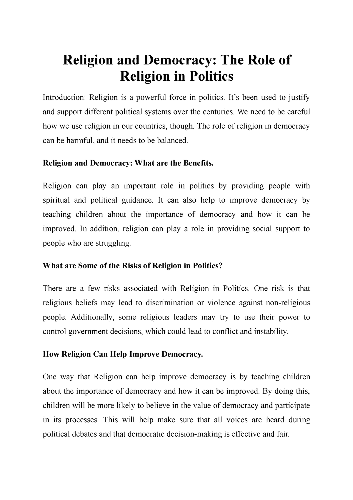 short essay on religion and politics