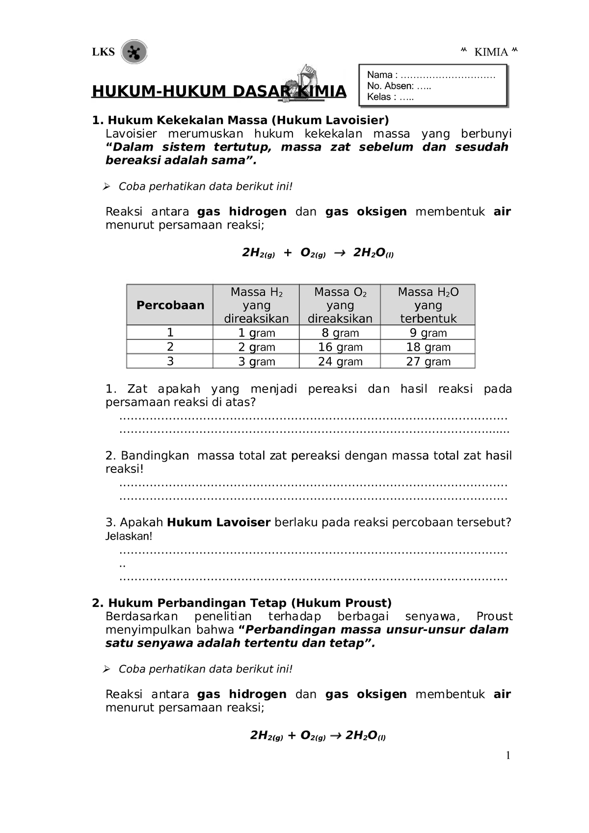 LKPD Hukum Dasar Kimia - Lembar Kerja Peserta Didik Untuk Kelas 10 ...