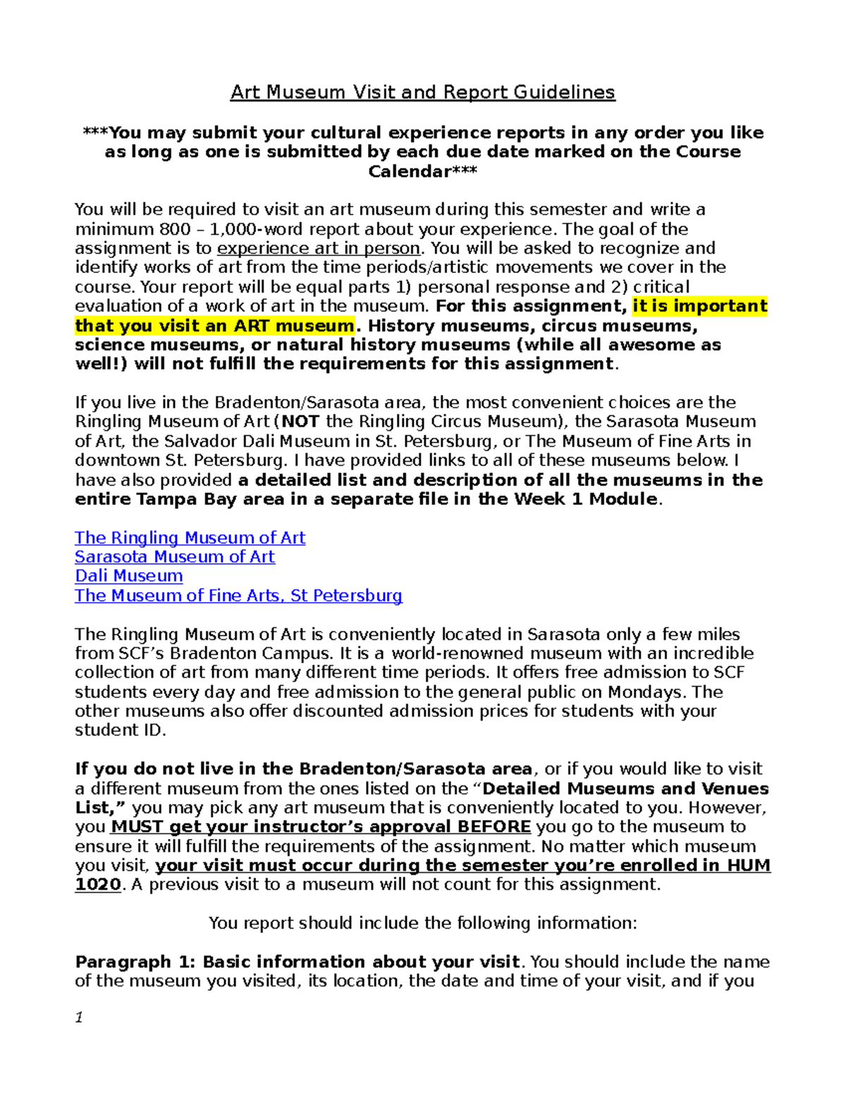 7 Museum Report YES Art Museum Visit and Report Guidelines You may