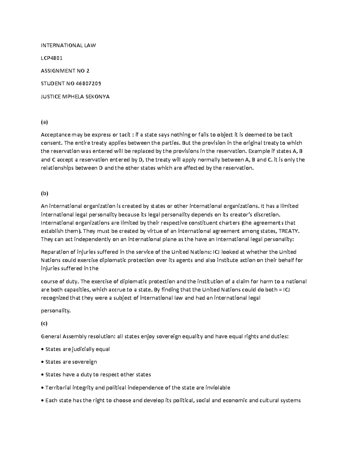 LCP4801 Assignment 2 - INTERNATIONAL LAW LCP ASSIGNMENT NO 2 STUDENT NO ...