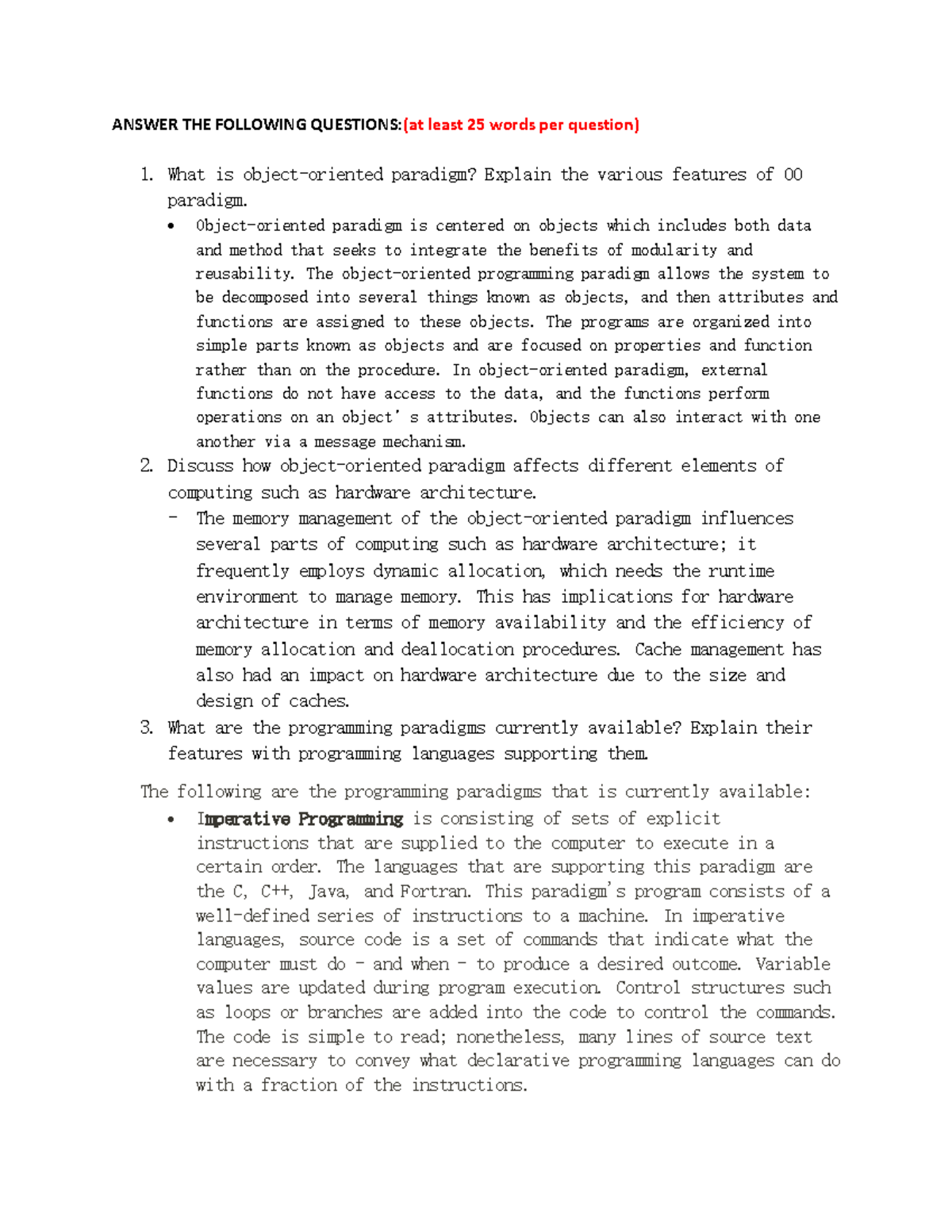 OOP- Assignment#1 - ANSWER THE FOLLOWING QUESTIONS:(at least 25 words ...