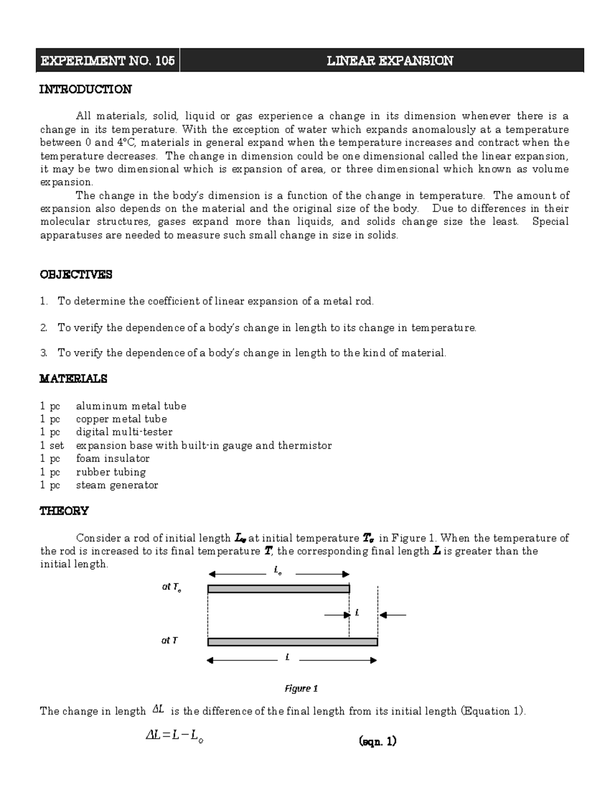 Experiment 105 Linear Expansion EXPERIMENT NO. 105 LINEAR EXPANSION