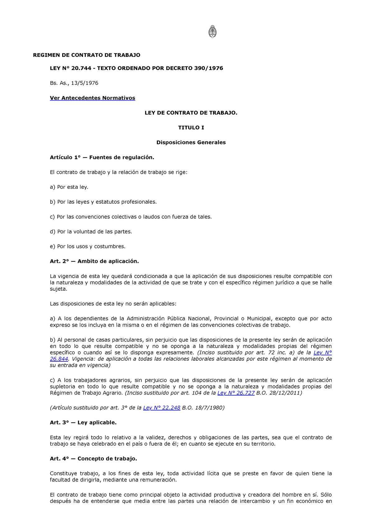 A1- LEY - Ley Contrato De Trabajo - REGIMEN DE CONTRATO DE TRABAJO LEY ...