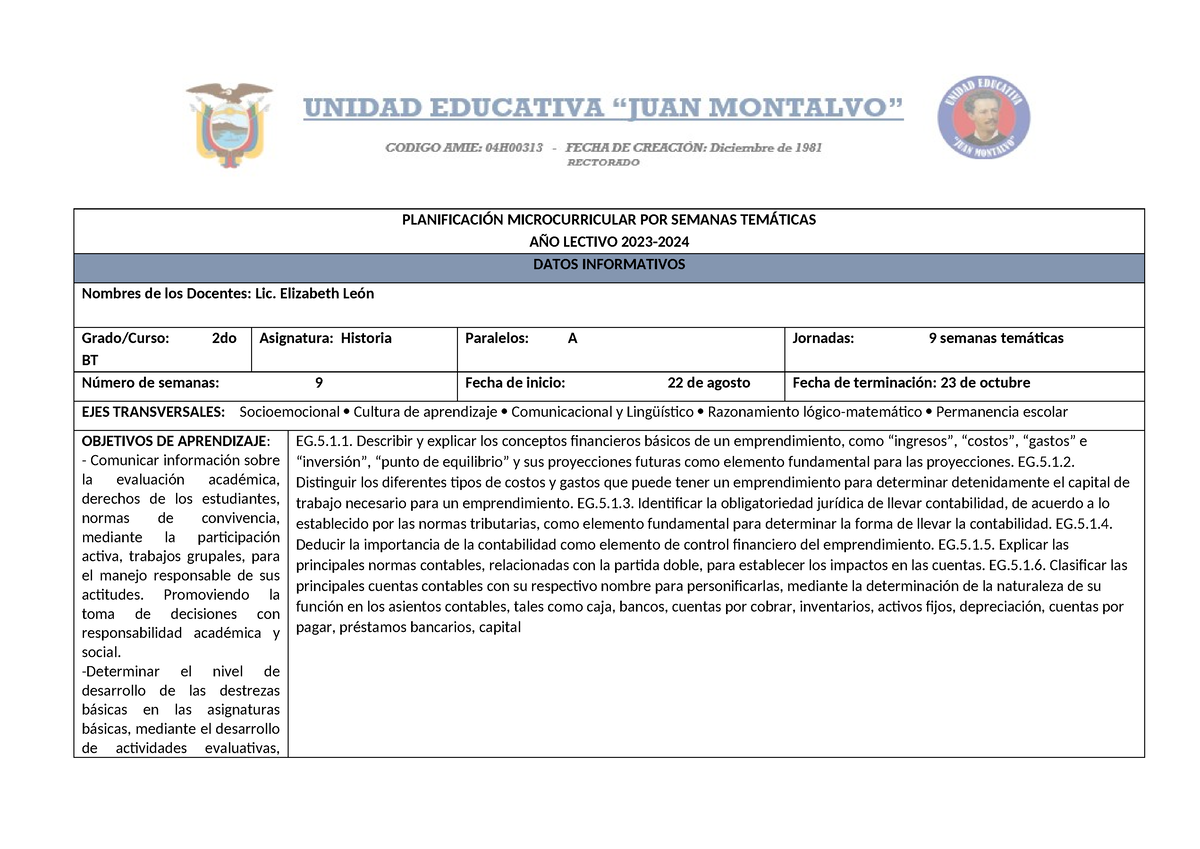 Planificación Microcurricular Por Semanas Temática 1 2do Bt Historia PlanificaciÓn 6669