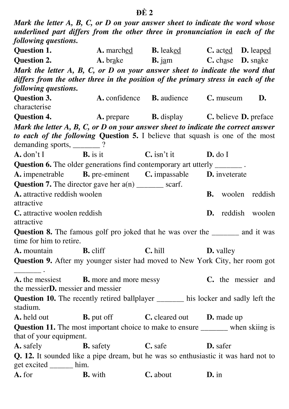 Đề 2 - Ôn Tập Tiếng Anh - Đề Tiếng Anh Số 02 - ĐỀ 2 Mark The Letter A ...